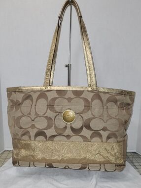 Coach Khaki Signature Tote with Gold Trim